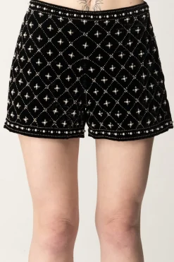 Twin-set Shorts Ricamato con Perle e StrassNERO
