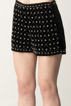 Twin-set Shorts Ricamato con Perle e StrassNERO