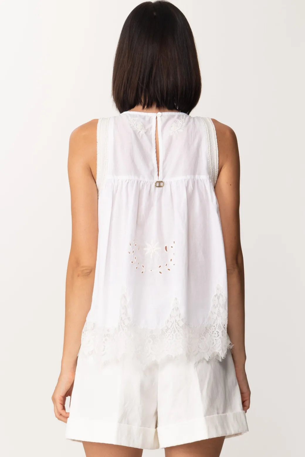 Twin-set Top In Sangallo con Ricamo Di PerlineBIANCO OTTICO