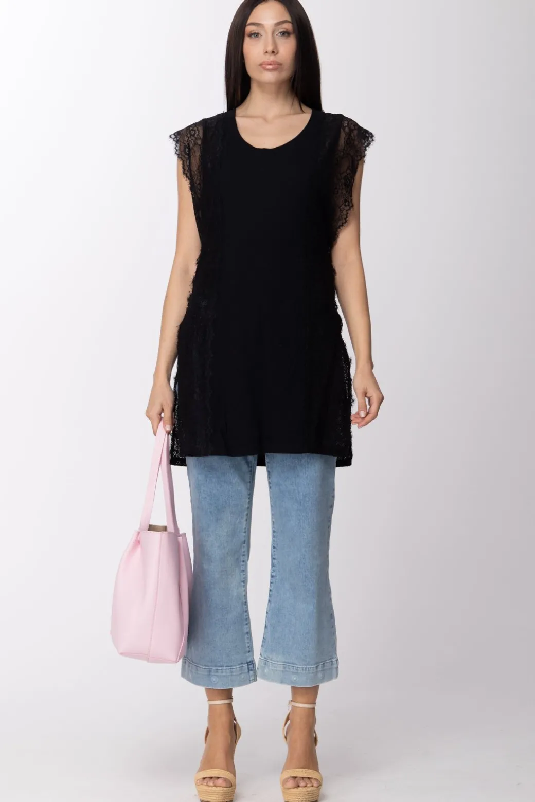 Twin-set Top Lungo In Jersey con Inserti In PizzoNERO