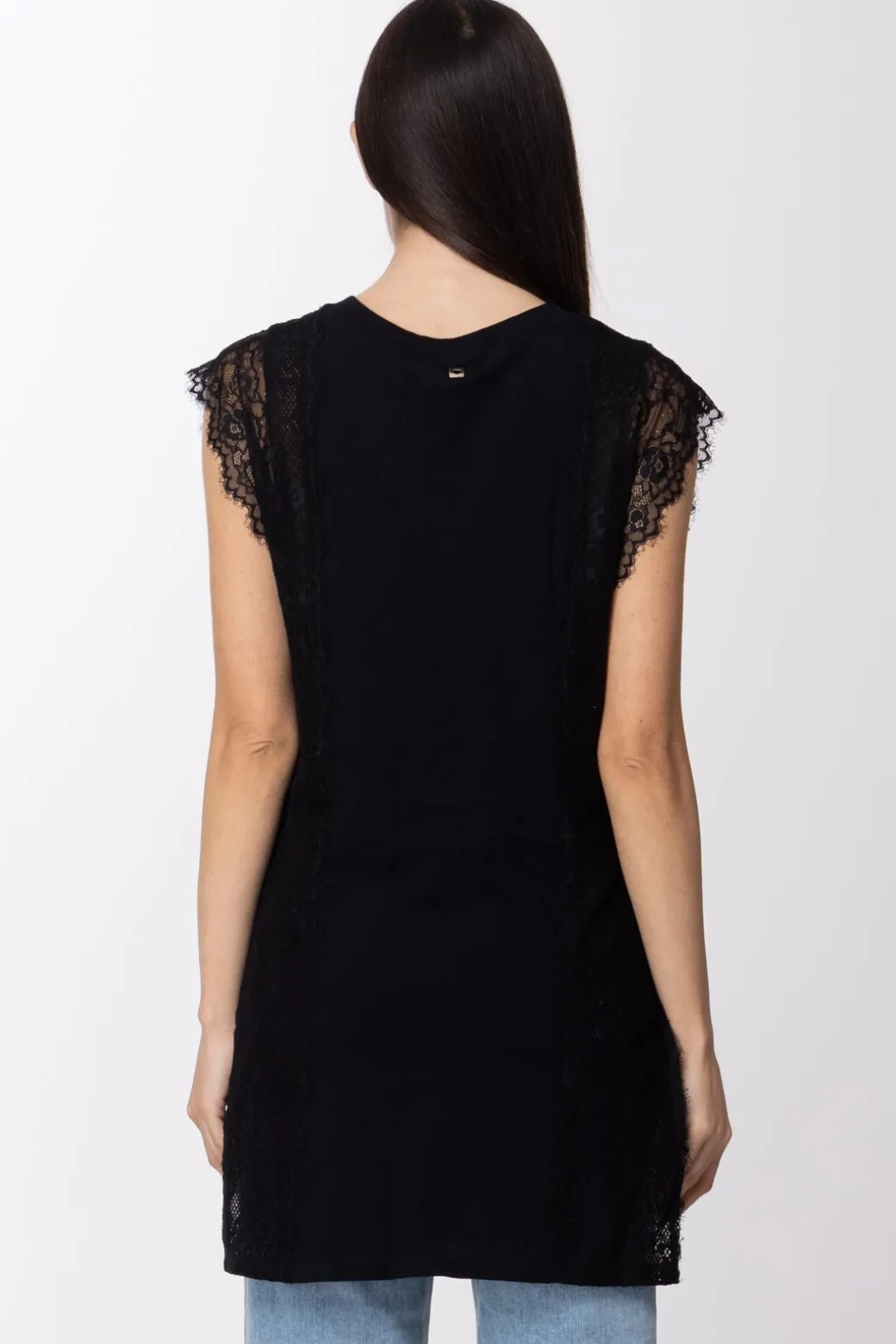 Twin-set Top Lungo In Jersey con Inserti In PizzoNERO