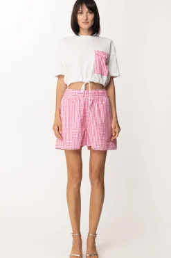 Twin-set T-shirt Crop con Coulisse e Tasca VichyBIC.OFF WHITE/HOT PINK