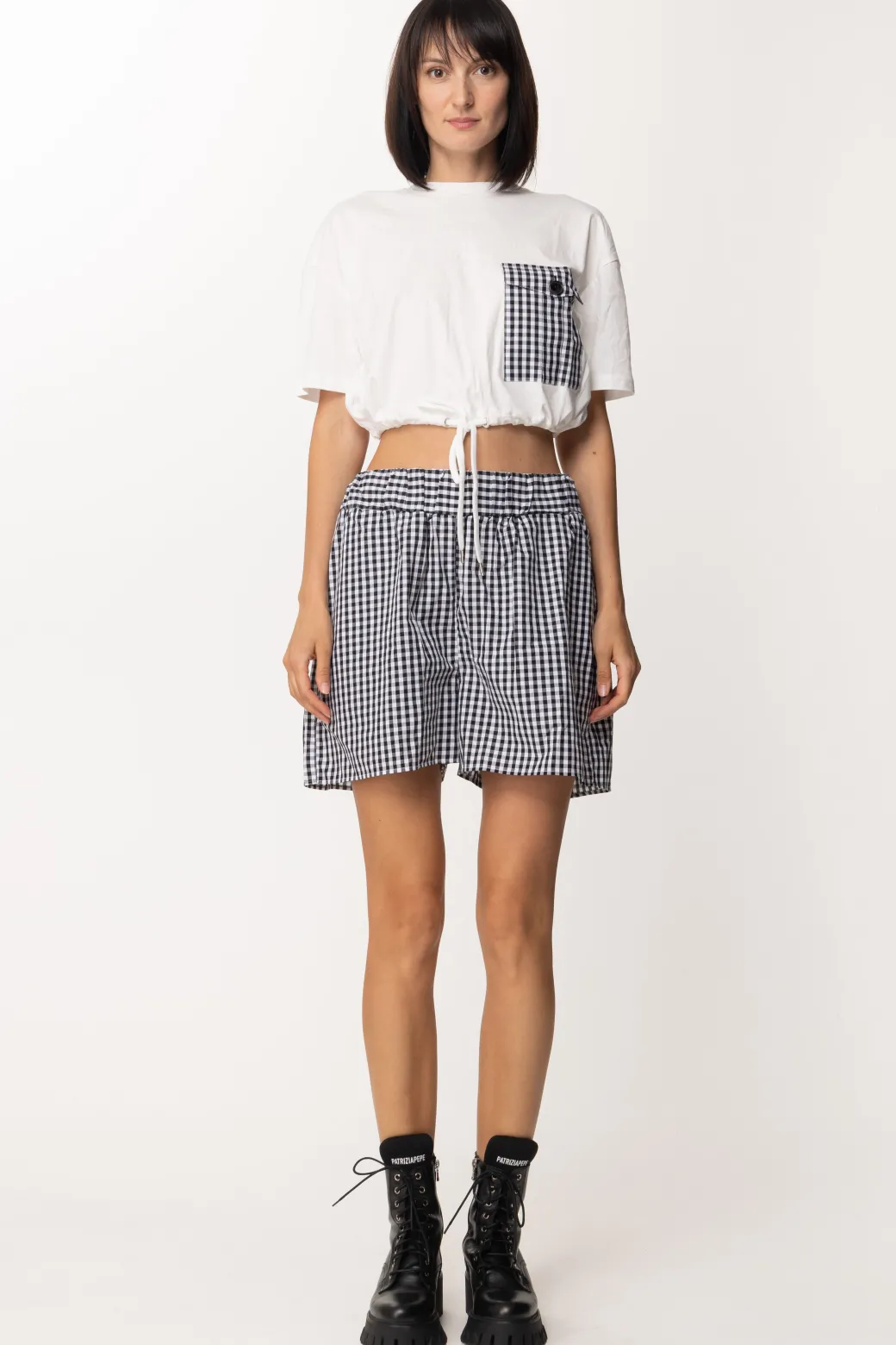 Twin-set T-shirt Crop con Coulisse e Tasca VichyBIC.OFF WHITE/NERO