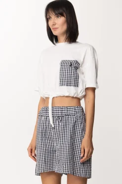 Twin-set T-shirt Crop con Coulisse e Tasca VichyBIC.OFF WHITE/NERO
