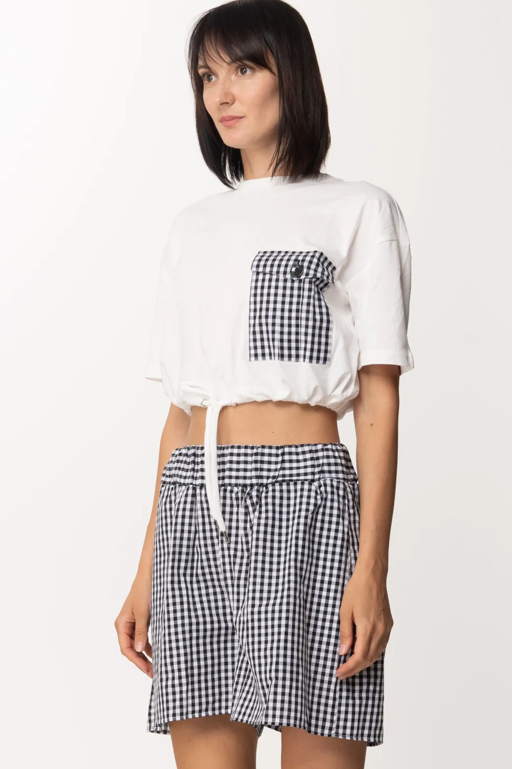 Twin-set T-shirt Crop con Coulisse e Tasca VichyBIC.OFF WHITE/NERO