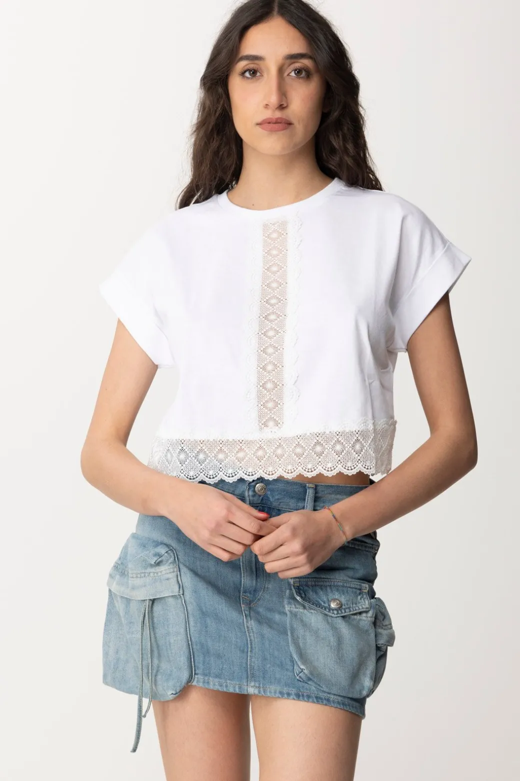 Twin-set T-shirt Crop con PassamanerieBIANCO OTTICO