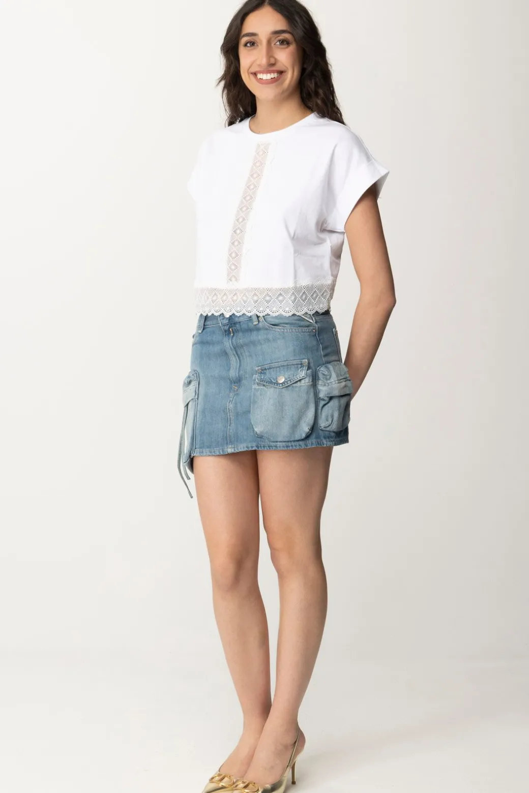 Twin-set T-shirt Crop con PassamanerieBIANCO OTTICO
