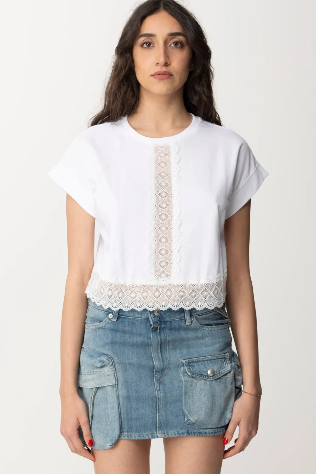 Twin-set T-shirt Crop con PassamanerieBIANCO OTTICO