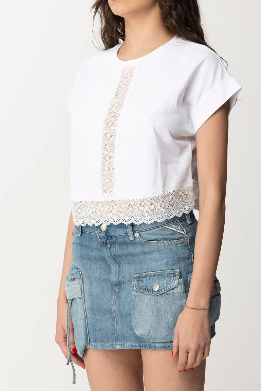 Twin-set T-shirt Crop con PassamanerieBIANCO OTTICO