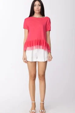 Twin-set T-shirt In Maglia con Balza In PizzoROSA NEON
