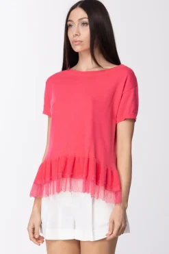 Twin-set T-shirt In Maglia con Balza In PizzoROSA NEON