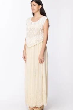 Twin-set Twin-set: Abito Lungo In Tulle con Ricamo In Filo Sul Fondo Corpino In Maglia TraforataECRU