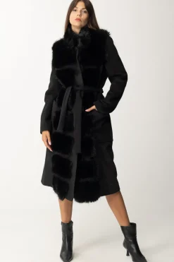 Yes London Cappotto con Cintura In Vita e Inserti In EcopellicciaNERO