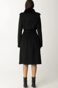 Yes London Cappotto con Cintura In Vita e Inserti In EcopellicciaNERO