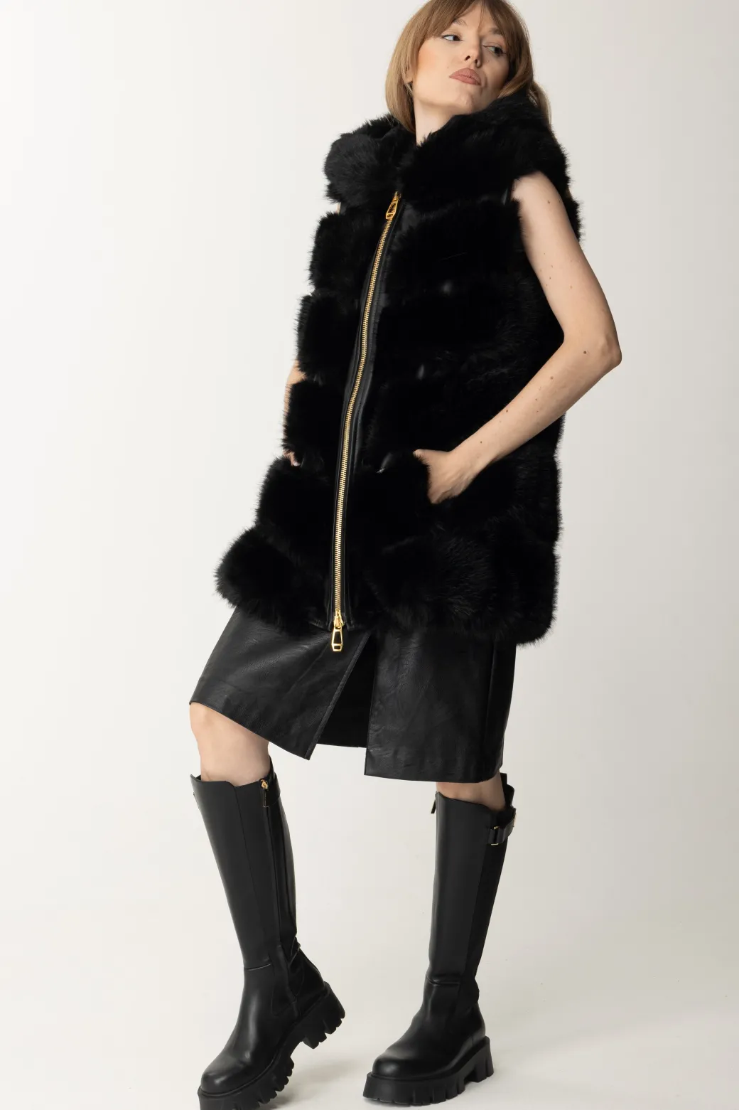 Yes London Gilet In Ecopelliccia con CappuccioNERO