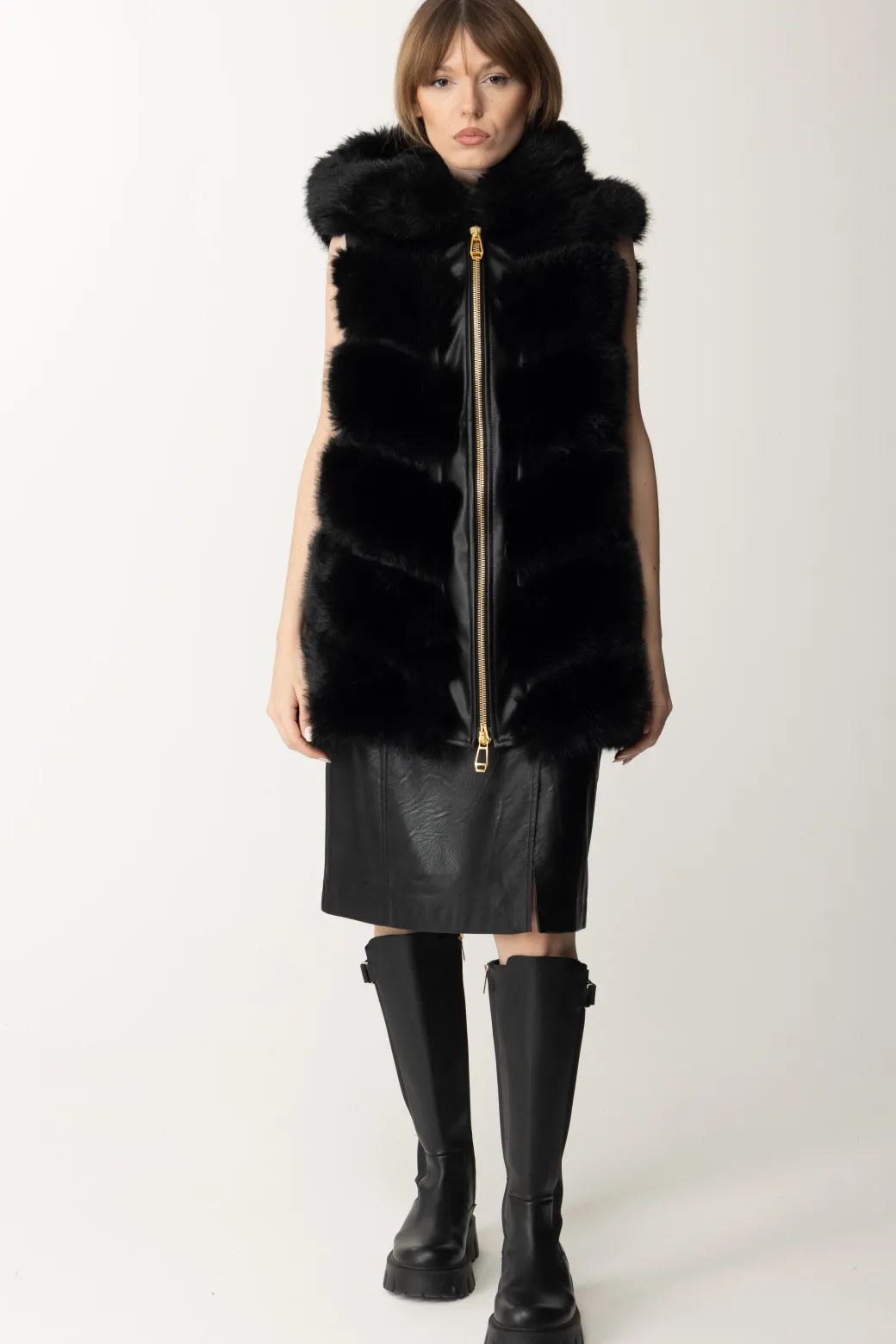 Yes London Gilet In Ecopelliccia con CappuccioNERO